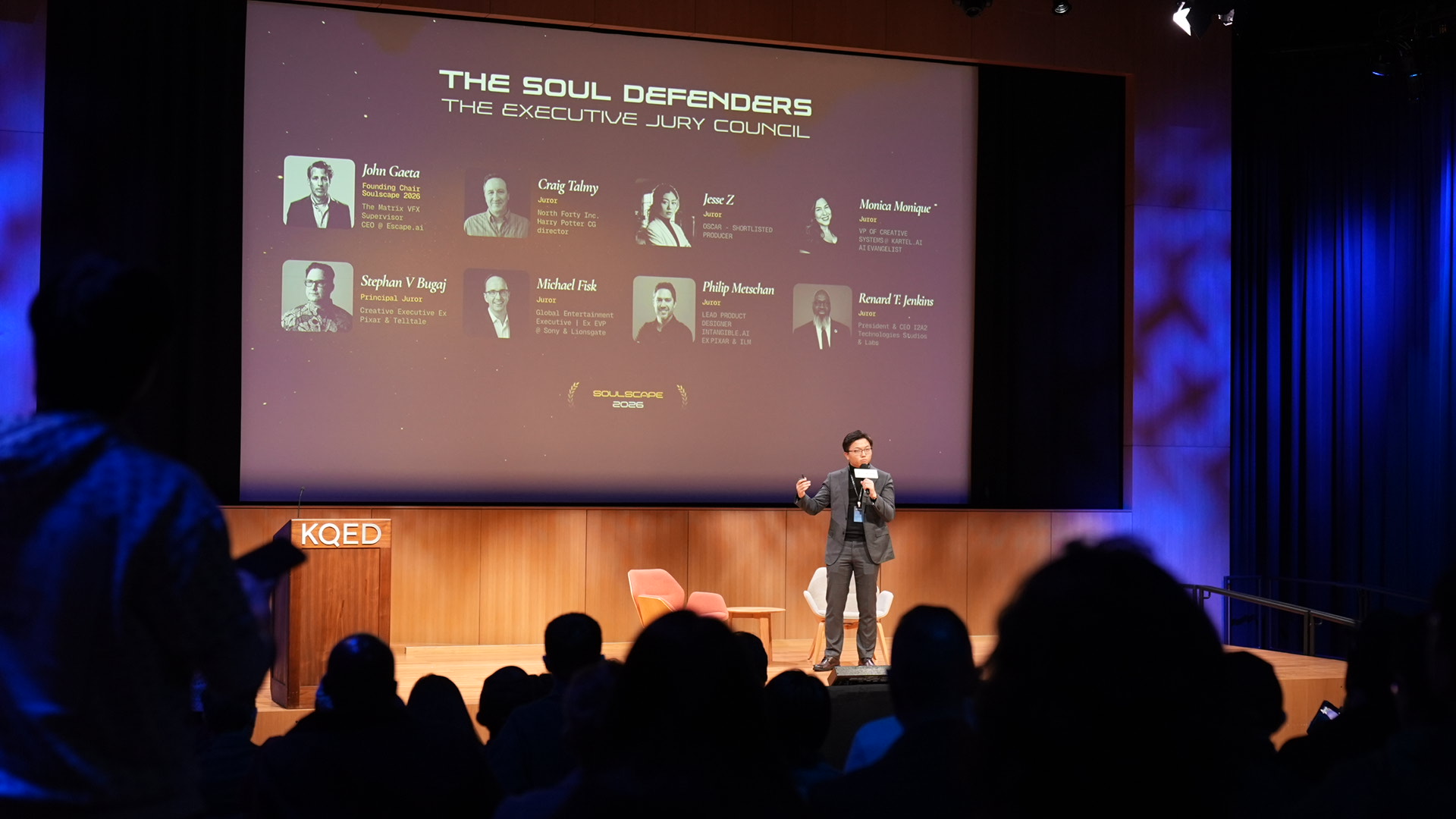 A creator presenting work to experienced industry participants during Soulscape 2026